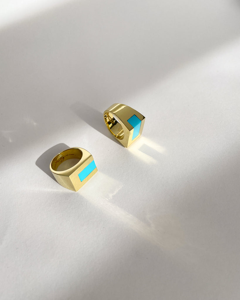 Legier Turquoise Stone Signet Strip Inlay Ring