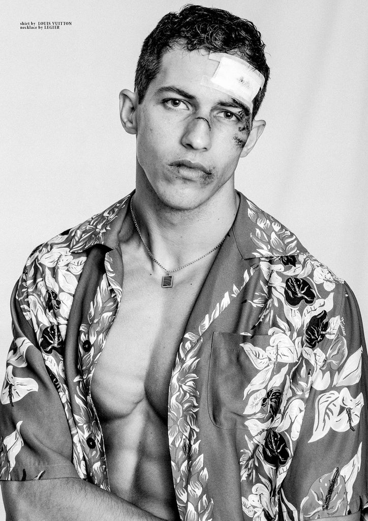 Christos Katsavo wears our abalone signet in HURT for Client Magazine! Photography by Ivan Bideac. Styled by Taylor Brechtel.   Makeup by Lindsey Williams.