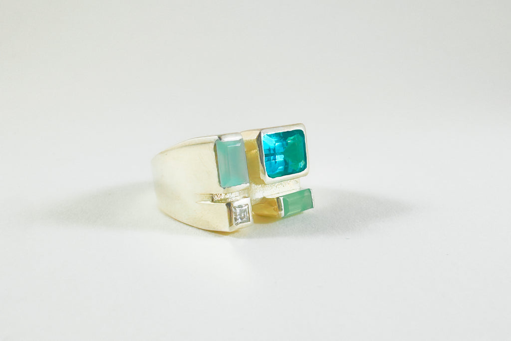 Legier Rainbow Baguette Ring with paraiba, chrysoprase, blue chalcedony and moissanite 14k gold