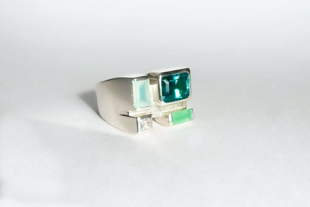 Legier Rainbow Baguette Ring with paraiba, chrysoprase, blue chalcedony and moissanite 