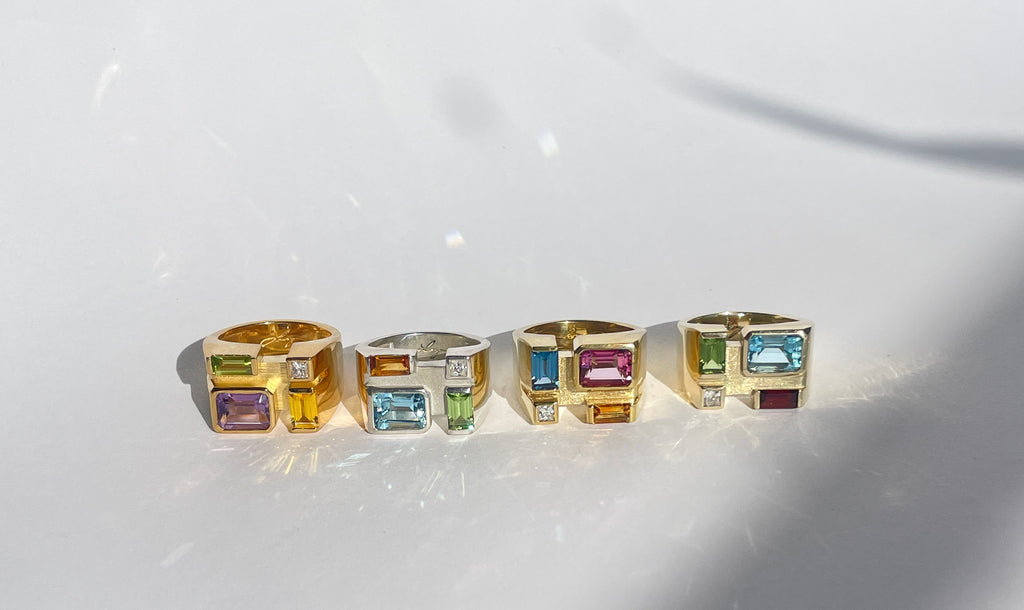 Legier Rainbow Baguette Ring Sky Blue Topaz, Garnet, Peridot and Moissanite
