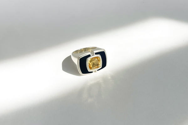 Legier Dýnamis Ring-Art Deco Mayan Jaguar ring silver with black onyx and  citrine 