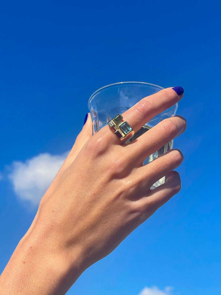 Legier Rainbow Baguette Ring Sky Blue Topaz, Garnet, Peridot and Moissanite