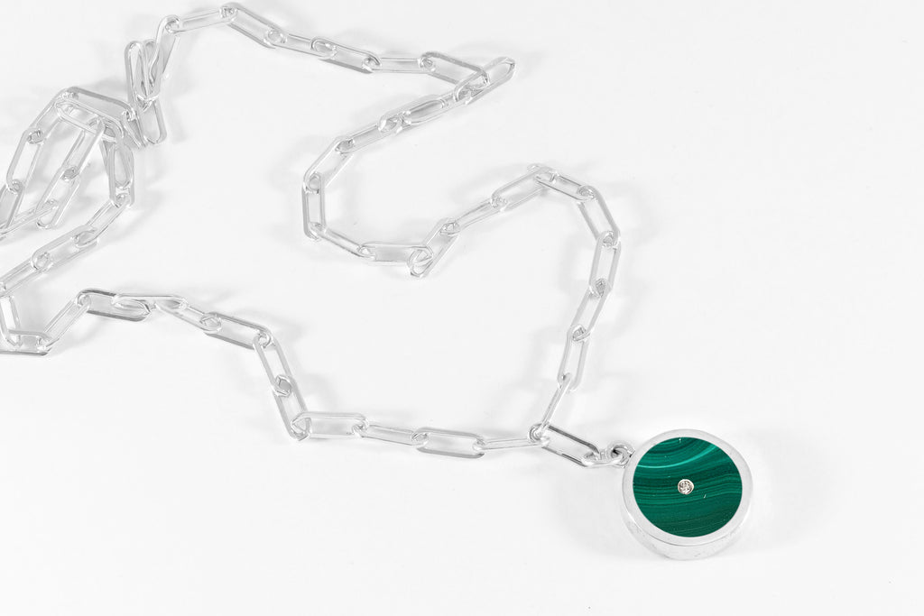 Legier Malachite with Diamond Round Stone Signet Pendant & Necklace  in Silver