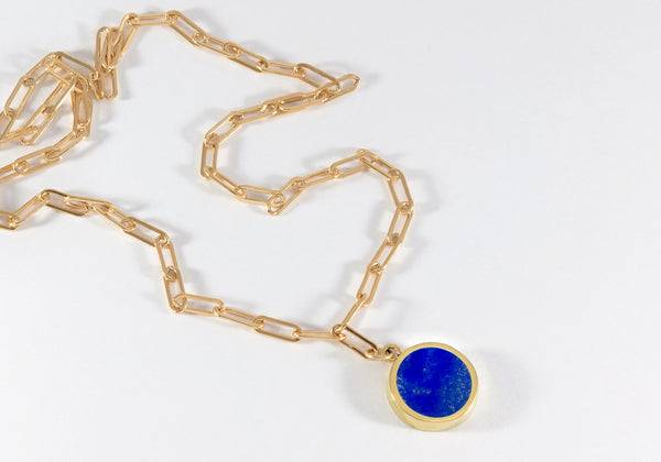 Lapis Lazuli Round Stone Signet Pendant & Necklace