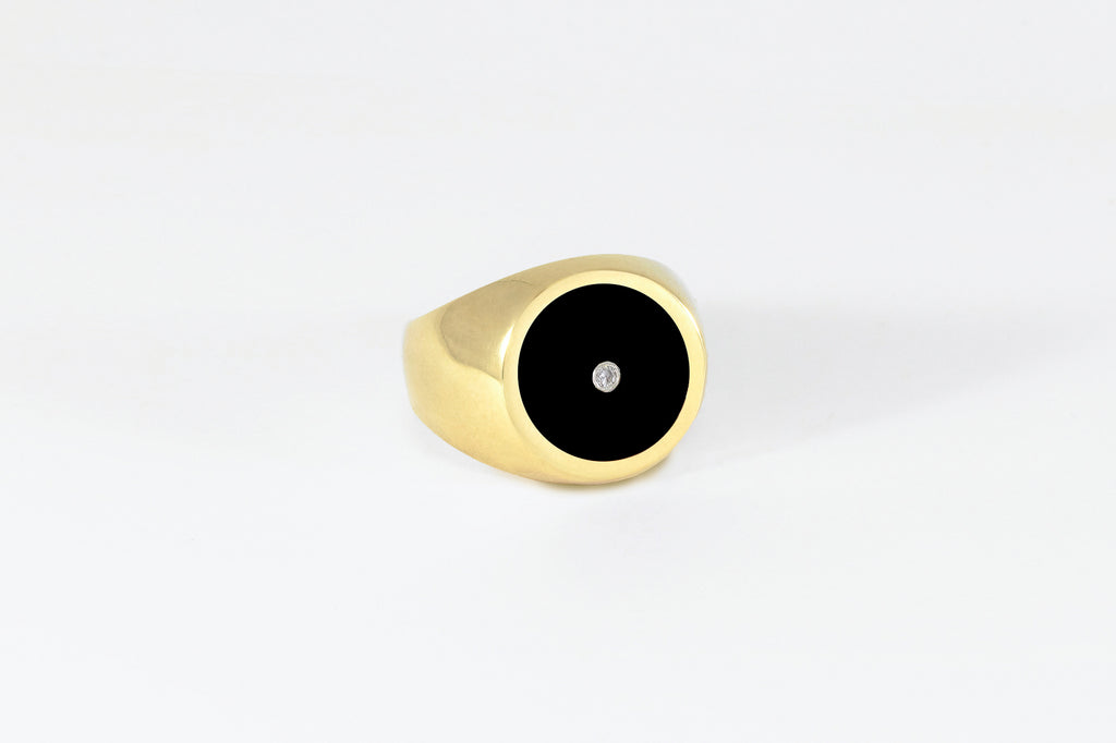 Legier Round Stone Signet Black Onyx Inlay with Diamond Ring 