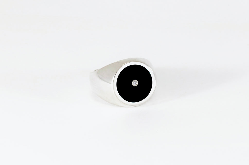 Legier Round Stone Signet Black Onyx Inlay with Diamond Ring  Silver