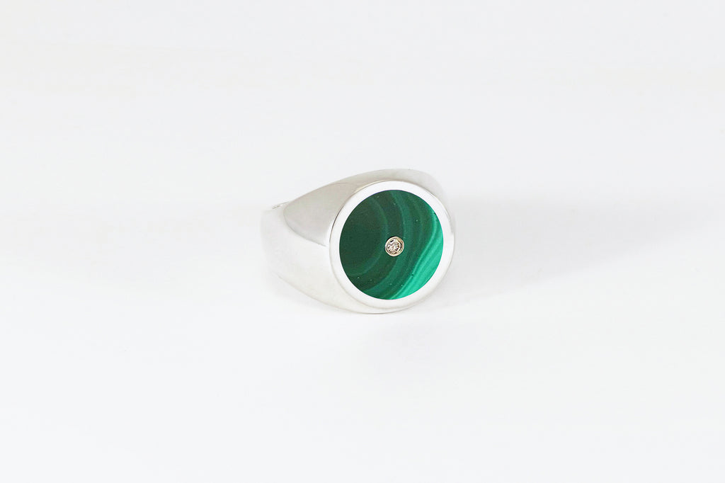 Legier Malachite Inlay with Diamond Round Stone Signet Ring Silver