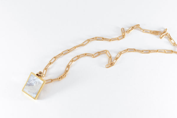 Legier Classic Signet Necklace with Mother of Pearl Inlay elongated cable chain