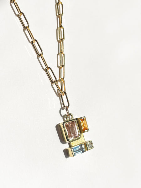 Legier Rainbow Baguette Necklace morganite, citrine baguette, Swiss blue topaz baguette and moissanite