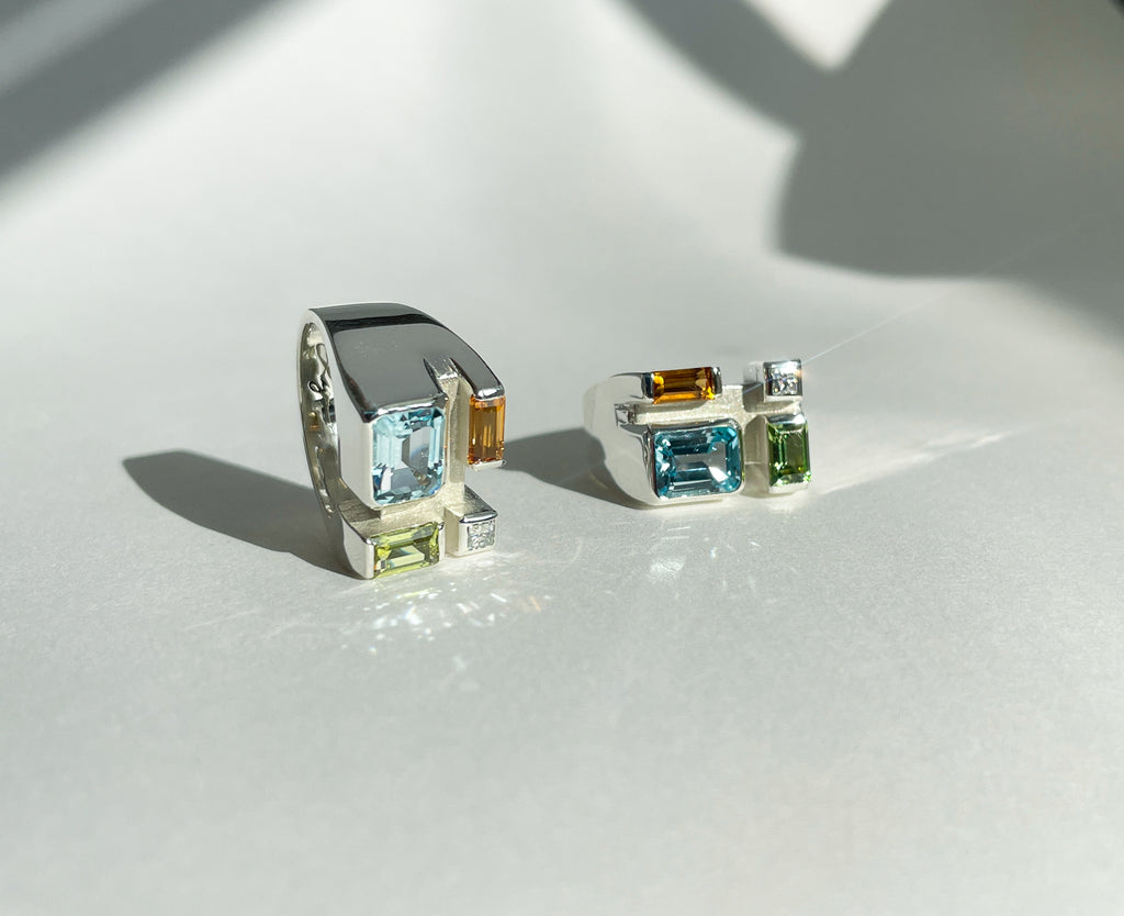 Legier Rainbow Baguette Ring Citrine, Peridot and Sky Blue Topaz Ring Silver