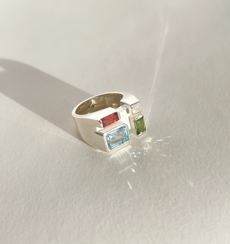Legier Silver Rainbow Baguette Ring Sky Blue Topaz, Garnet, Peridot and Moissanite