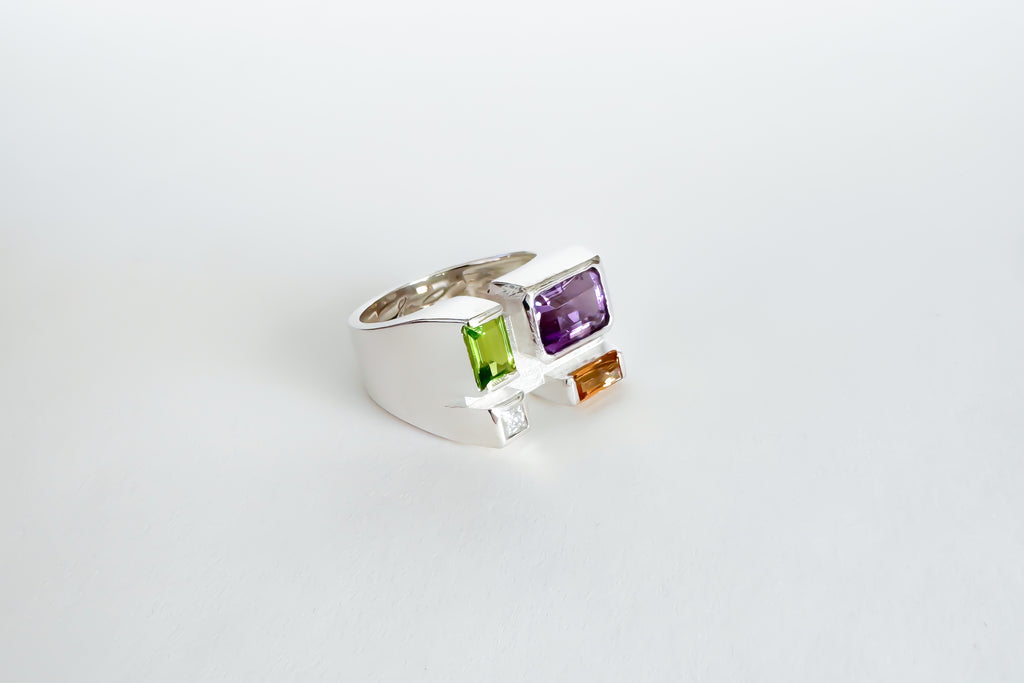 Legier jewelry Silver Rainbow Baguette ring with peridot amethyst citrine and moissanite