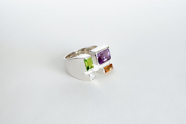 Legier jewelry Silver Rainbow Baguette ring with peridot amethyst citrine and moissanite