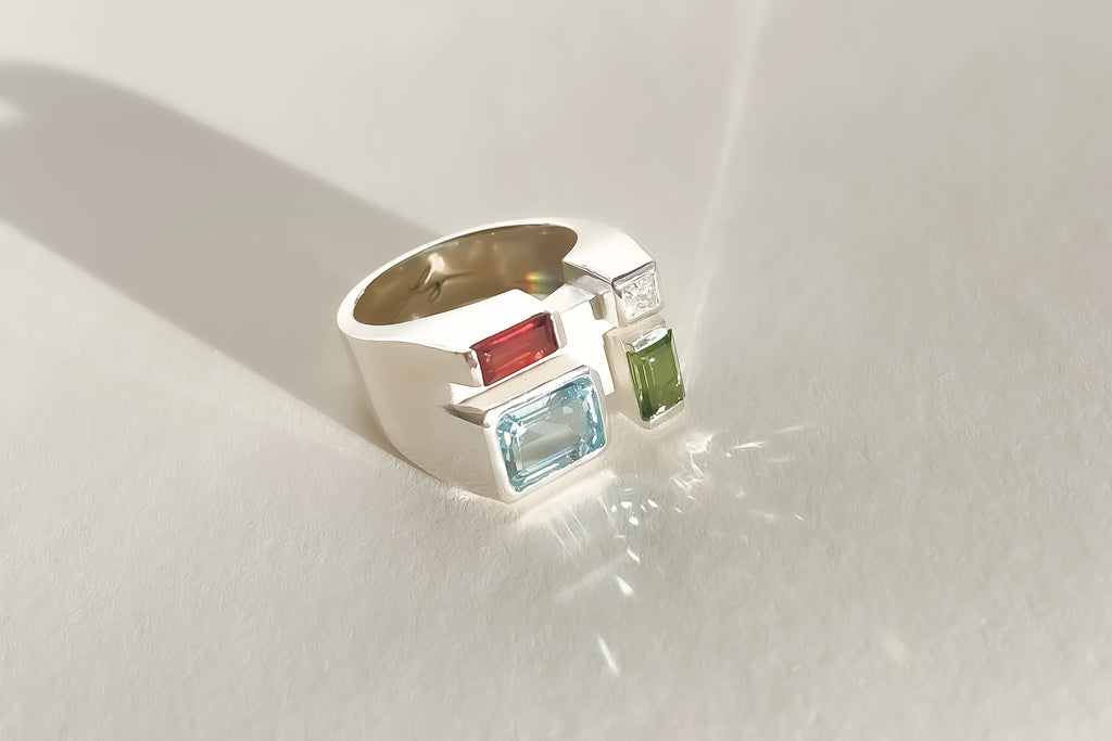 Legier Rainbow Baguette Signet Ring with blue topaz, peridot garnet and moissonite