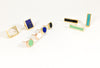 Legier earring collection: signet earring, broken circle earring and long signet earring; all with lapis, mother of pearl, onyx and variscite inlay