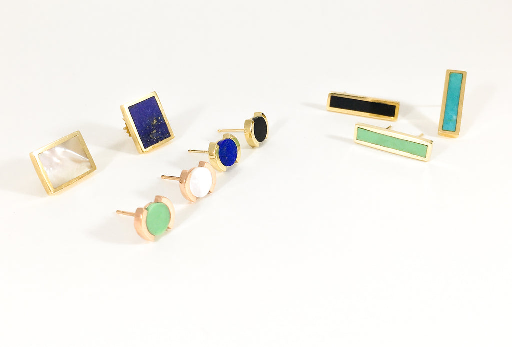 Legier earring collection: signet earring, broken circle earring and long signet earring; all with lapis, mother of pearl, onyx and variscite inlay