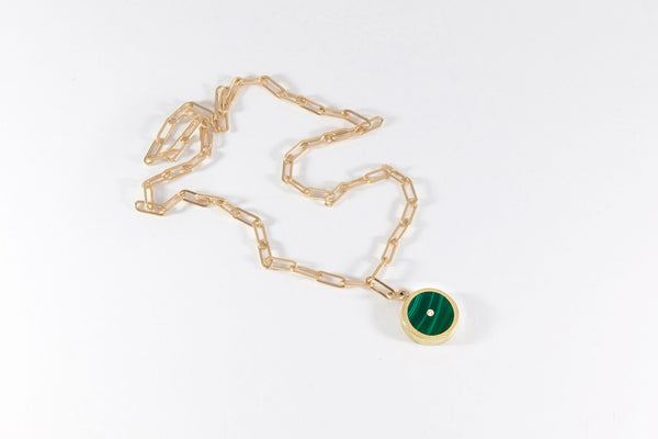 Legier Malachite with Diamond Round Stone Signet Pendant & Necklace  
