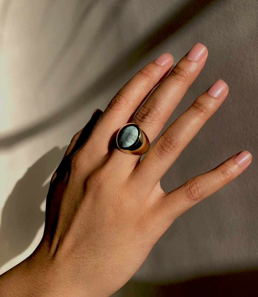 Legier Black Mother of Pearl Oval Stone Signet Ring Brass